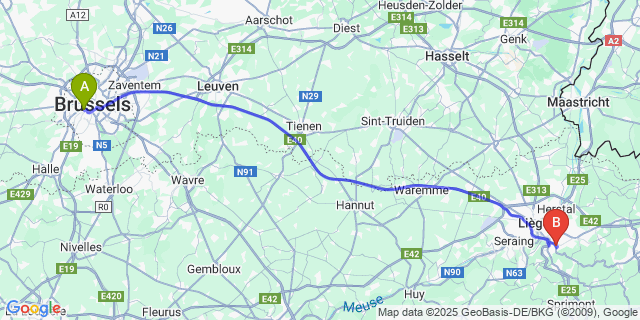Map: Brussels Midi Train Station to Vaux-sous-Chevremont