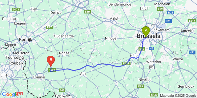 Map: Brussels Midi Train Station to Velaines