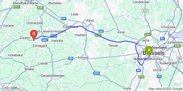 Map: Brussels Midi Train Station to Velzeke-Ruddershove