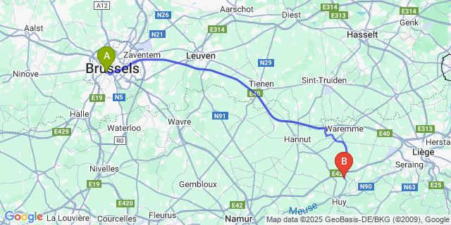 Map: Brussels Midi Train Station to Villers-le-Bouillet