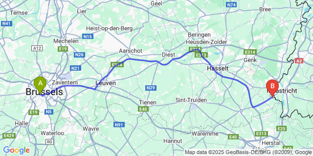 Map: Brussels Midi Train Station to Vroenhoven