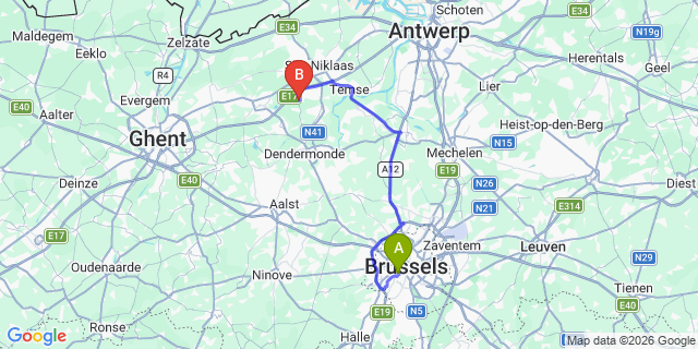 Map: Brussels Midi Train Station to Waasmunster