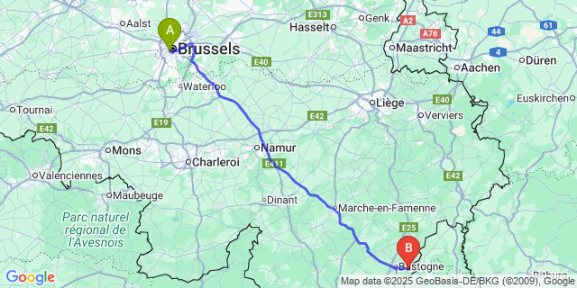 Map: Brussels Midi Train Station to Wardin