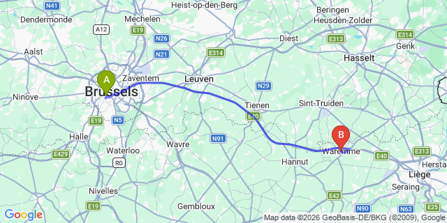 Map: Brussels Midi Train Station to Waremme