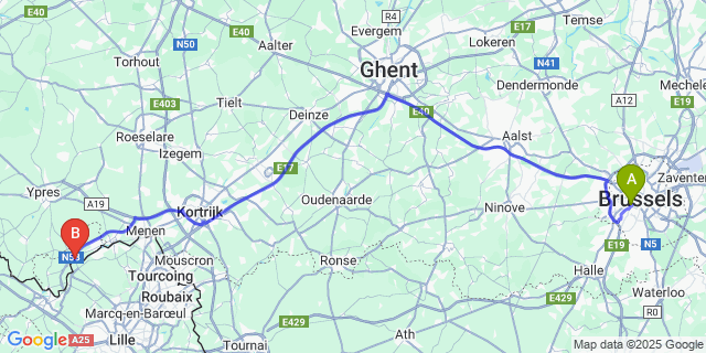 Map: Brussels Midi Train Station to Warneton