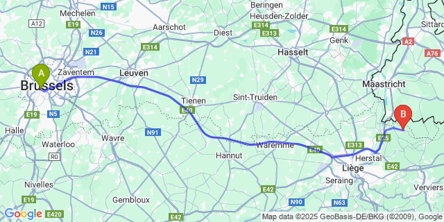 Map: Brussels Midi Train Station to Warsage