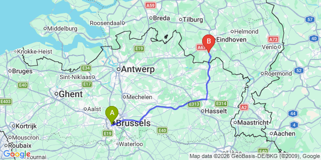 Map: Brussels Midi Train Station to Westerhoven
