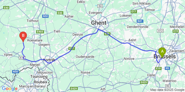 Map: Brussels Midi Train Station to Westrozebeke