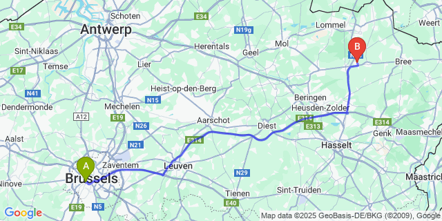 Map: Brussels Midi Train Station to Wijchmaal