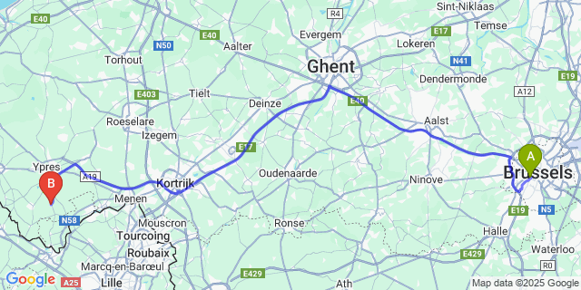 Map: Brussels Midi Train Station to Wijtschate