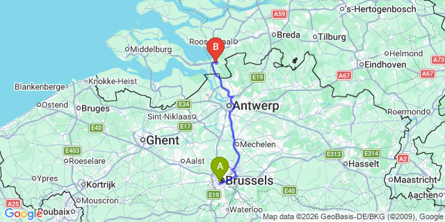 Map: Brussels Midi Train Station to Woensdrecht