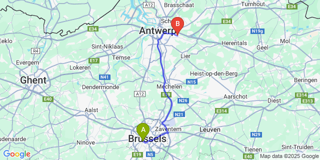 Map: Brussels Midi Train Station to Wommelgem