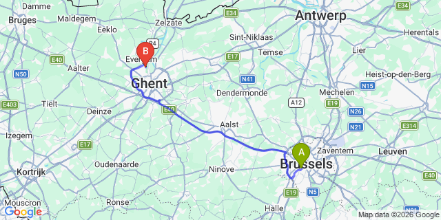 Map: Brussels Midi Train Station to Wondelgem