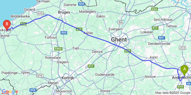 Map: Brussels Midi Train Station to Wulpen