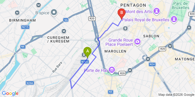 Map: Brussels Midi Train Station to X2Brussels Bed & Breakfast