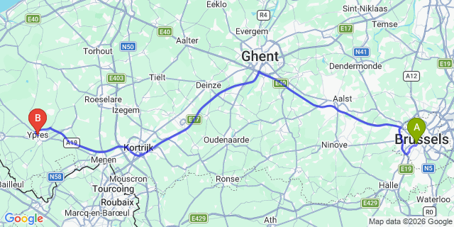 Map: Brussels Midi Train Station to Ypres