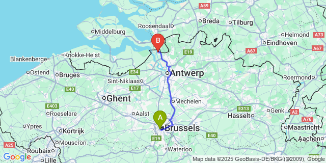 Map: Brussels Midi Train Station to Zandvliet