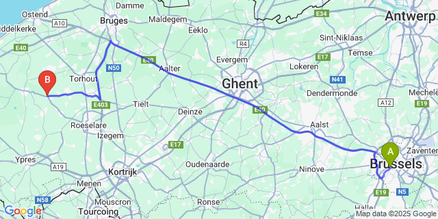 Map: Brussels Midi Train Station to Zarren