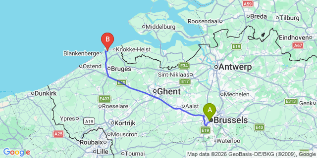 Map: Brussels Midi Train Station to Zeebrugge