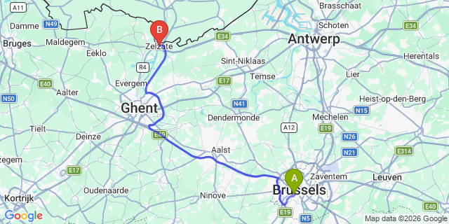 Map: Brussels Midi Train Station to Zelzate