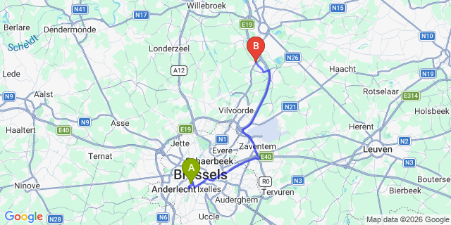 Map: Brussels Midi Train Station to Zemst
