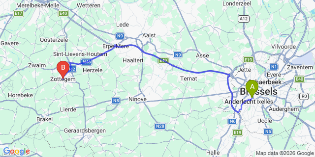 Map: Brussels Midi Train Station to Zottegem
