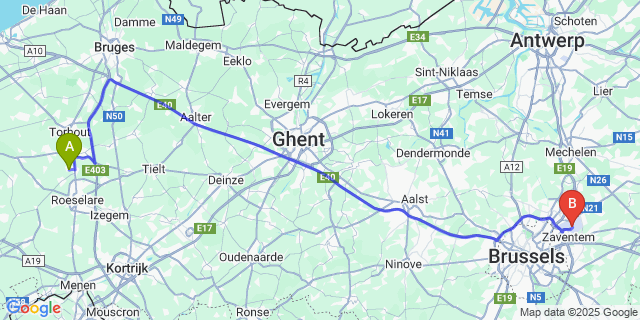 Map: Brussels Zaventem Airport (BRU) to Gits