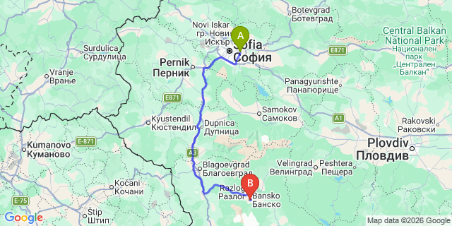 Map: Sofia Airport (SOF) to Bansko