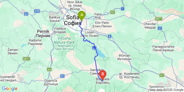 Map: Sofia Airport (SOF) to Borovets