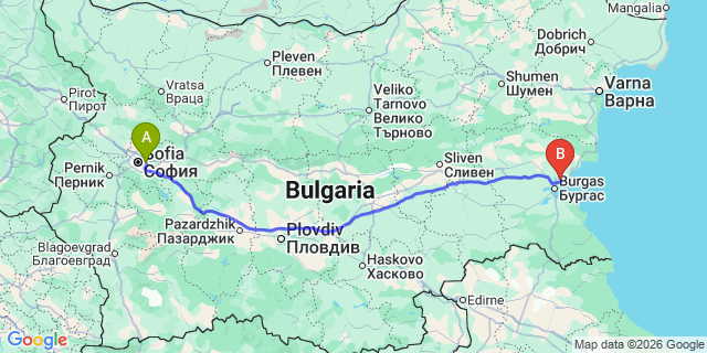Map: Sofia Airport (SOF) to Burgas