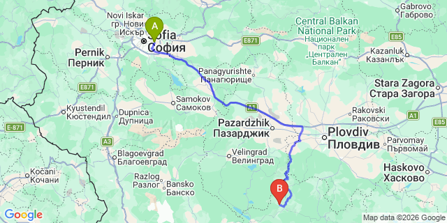 Map: Sofia Airport (SOF) to Devin