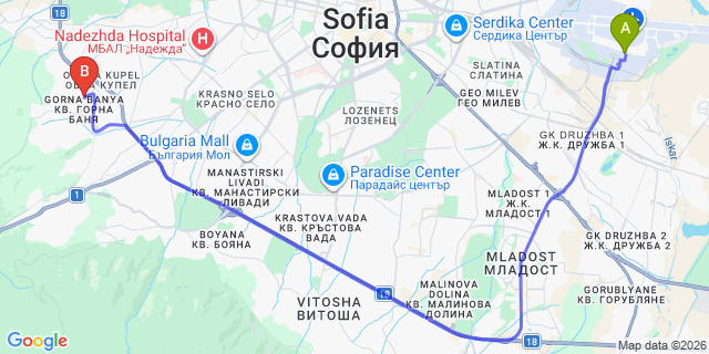 Map: Sofia Airport (SOF) to Gorna Banja
