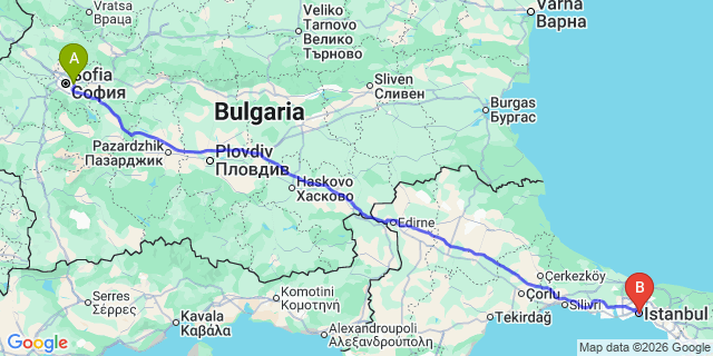 Map: Sofia Airport (SOF) to Istanbul city (all areas)