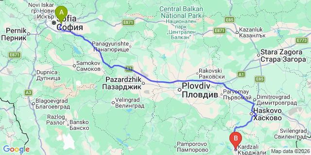 Map: Sofia Airport (SOF) to Kardzhali