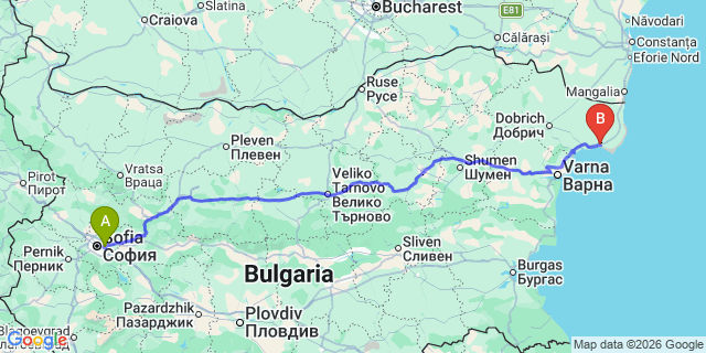Map: Sofia Airport (SOF) to Kavarna