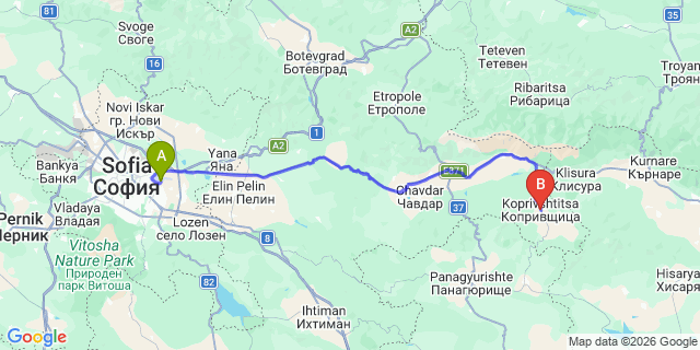 Map: Sofia Airport (SOF) to Koprivshtitsa