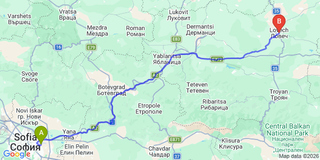 Map: Sofia Airport (SOF) to Lovech