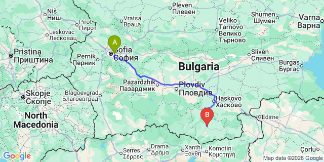 Map: Sofia Airport (SOF) to Momchilgrad