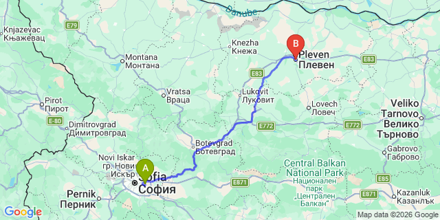 Map: Sofia Airport (SOF) to Pleven
