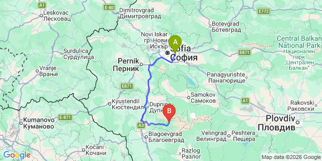 Map: Sofia Airport (SOF) to Rila Monestary