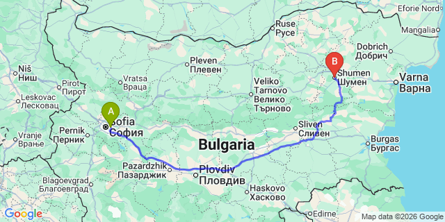 Map: Sofia Airport (SOF) to Shumen