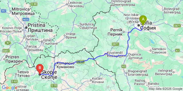 Map: Sofia Airport (SOF) to Skopje