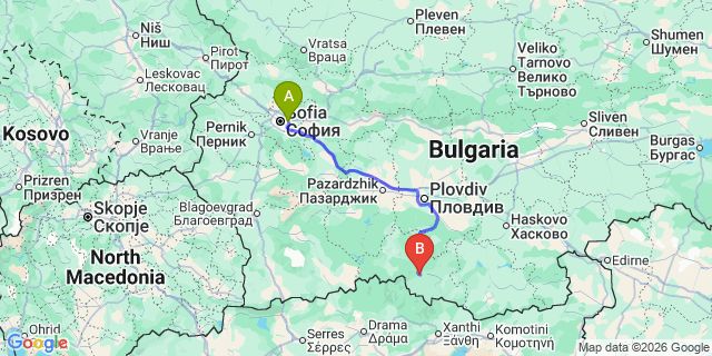Map: Sofia Airport (SOF) to Smolyan
