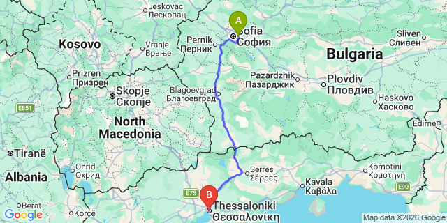 Map: Sofia Airport (SOF) to Thessaloniki