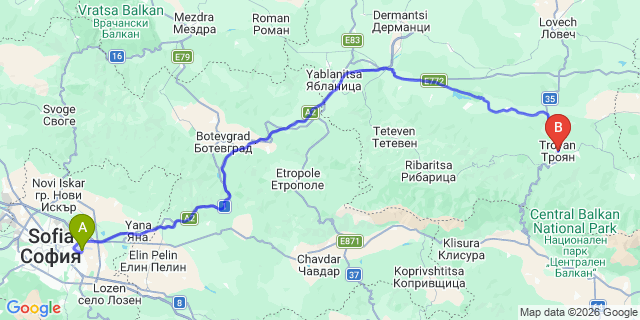 Map: Sofia Airport (SOF) to Troyan