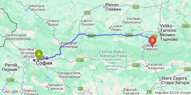 Map: Sofia Airport (SOF) to Tryavna