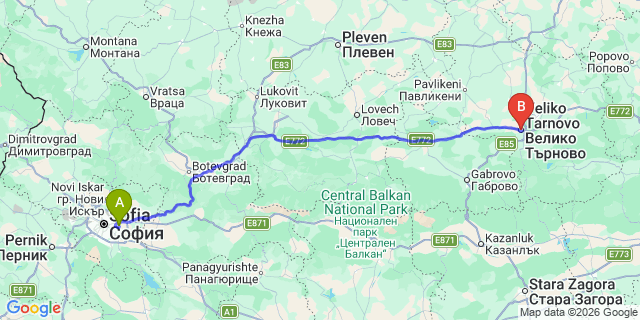 Map: Sofia Airport (SOF) to Veliko Tarnovo