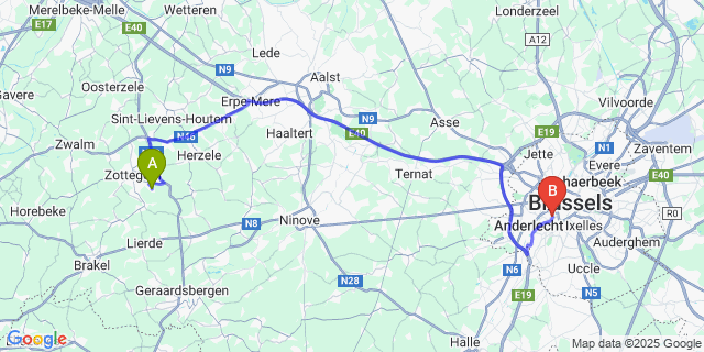 Map: Brussels Midi Train Station to Godveerdegem