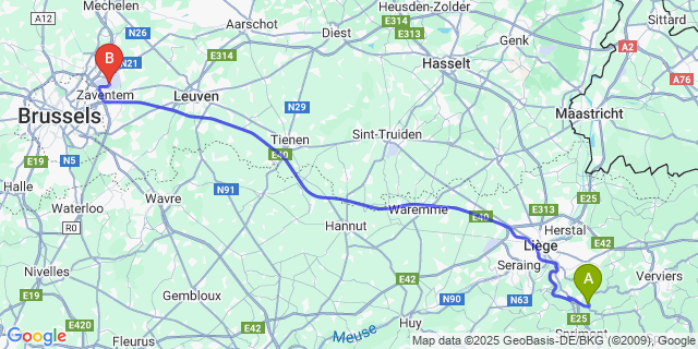 Map: Brussels Zaventem Airport (BRU) to Gomzé-Andoumont