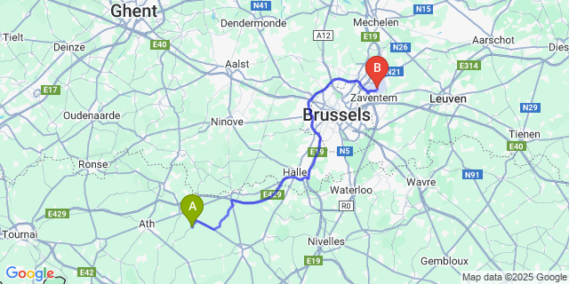 Map: Brussels Zaventem Airport (BRU) to Gondregnies